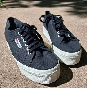 Superga Black Canvas Platform Sneakers